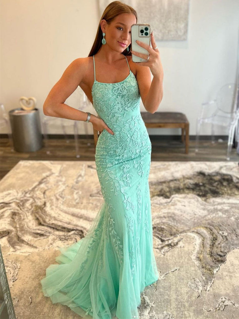 Mint Green Lace Mermaid Backless Long ...